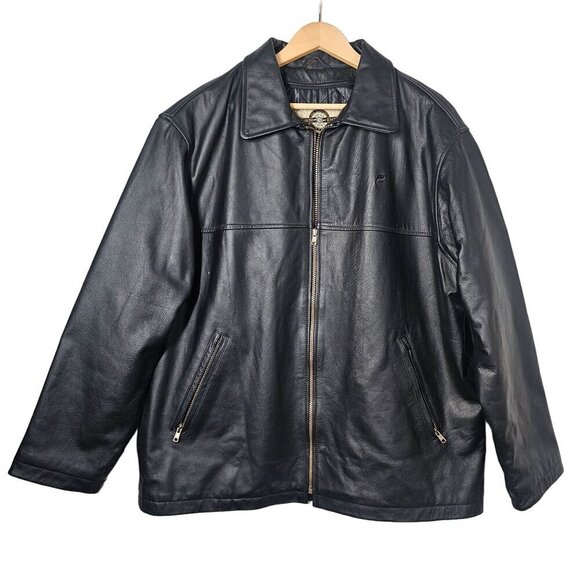 North End Mens Genuine Leather Jacket Black Polyester Quilted Lining Zip Heavy L